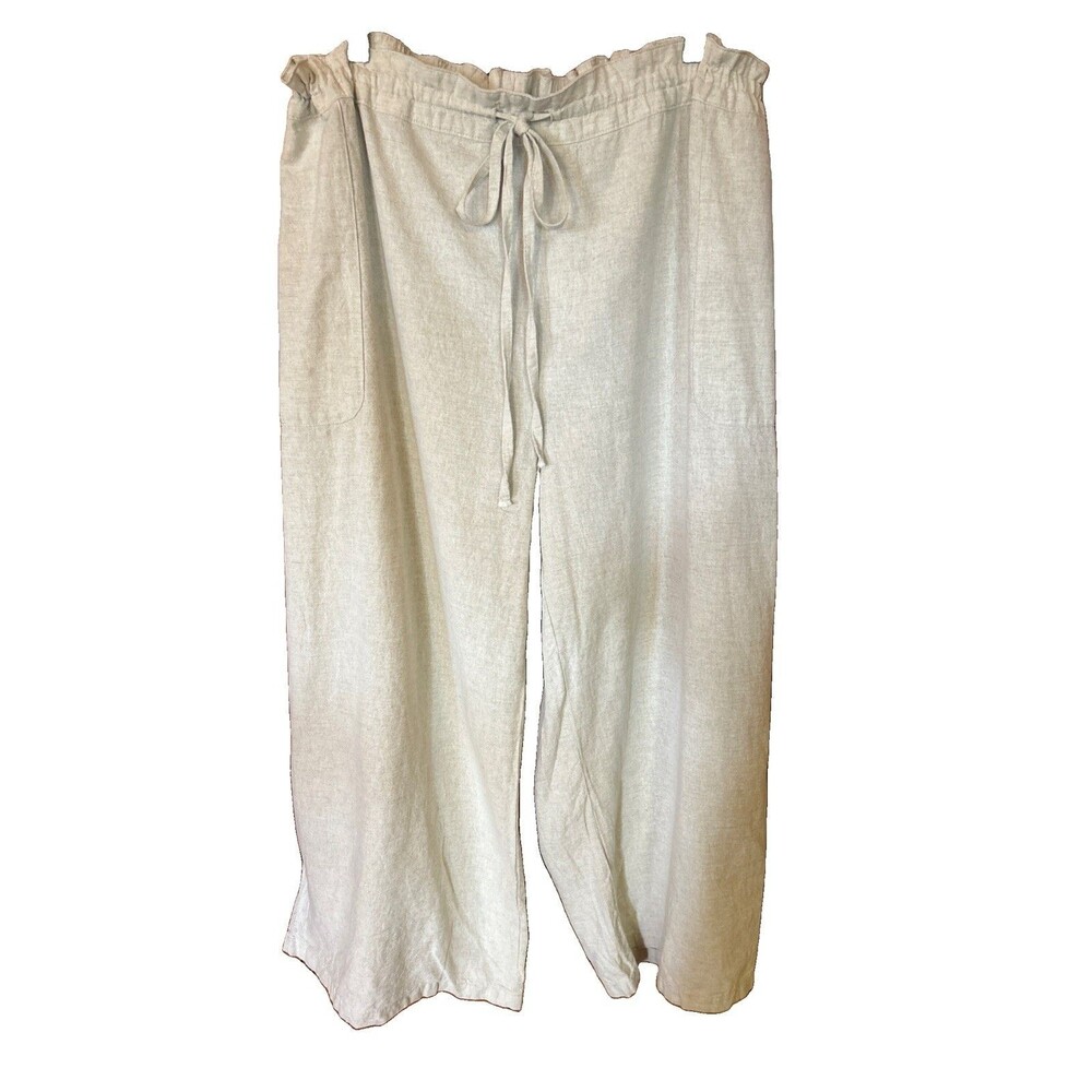 Wide Leg Cropped Linen Blend Pants Sz 2X Flax Adjustable Drawstring Waist Pocket